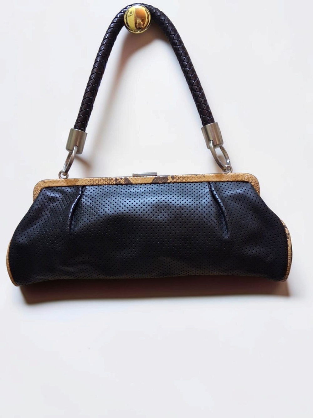 Adrienne Vittadini Black & Snakeskin Leather Frame Handbag